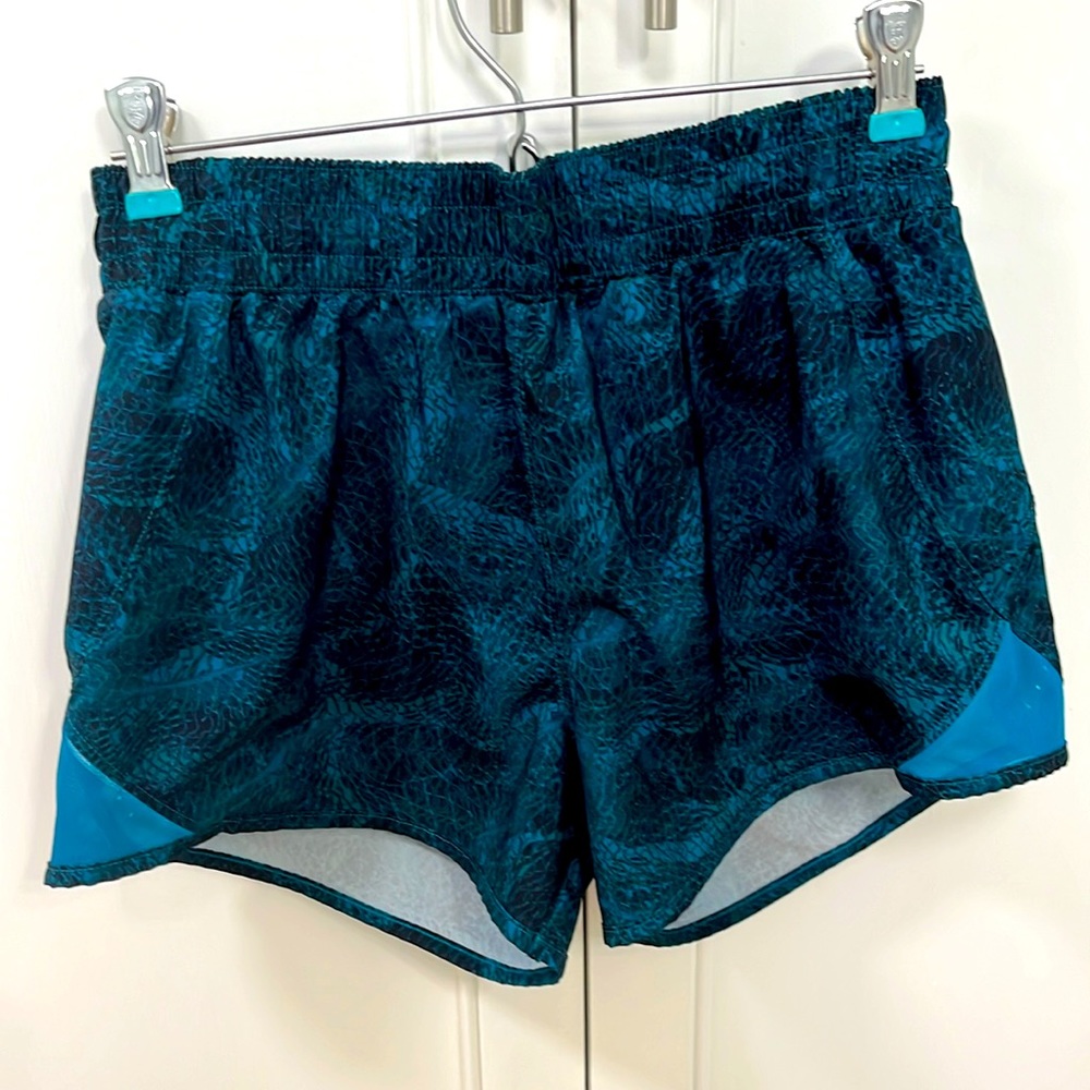 All Motions Womens Lined Run Shorts L Blue Green Attached Panty Zip Pocket NWOT
